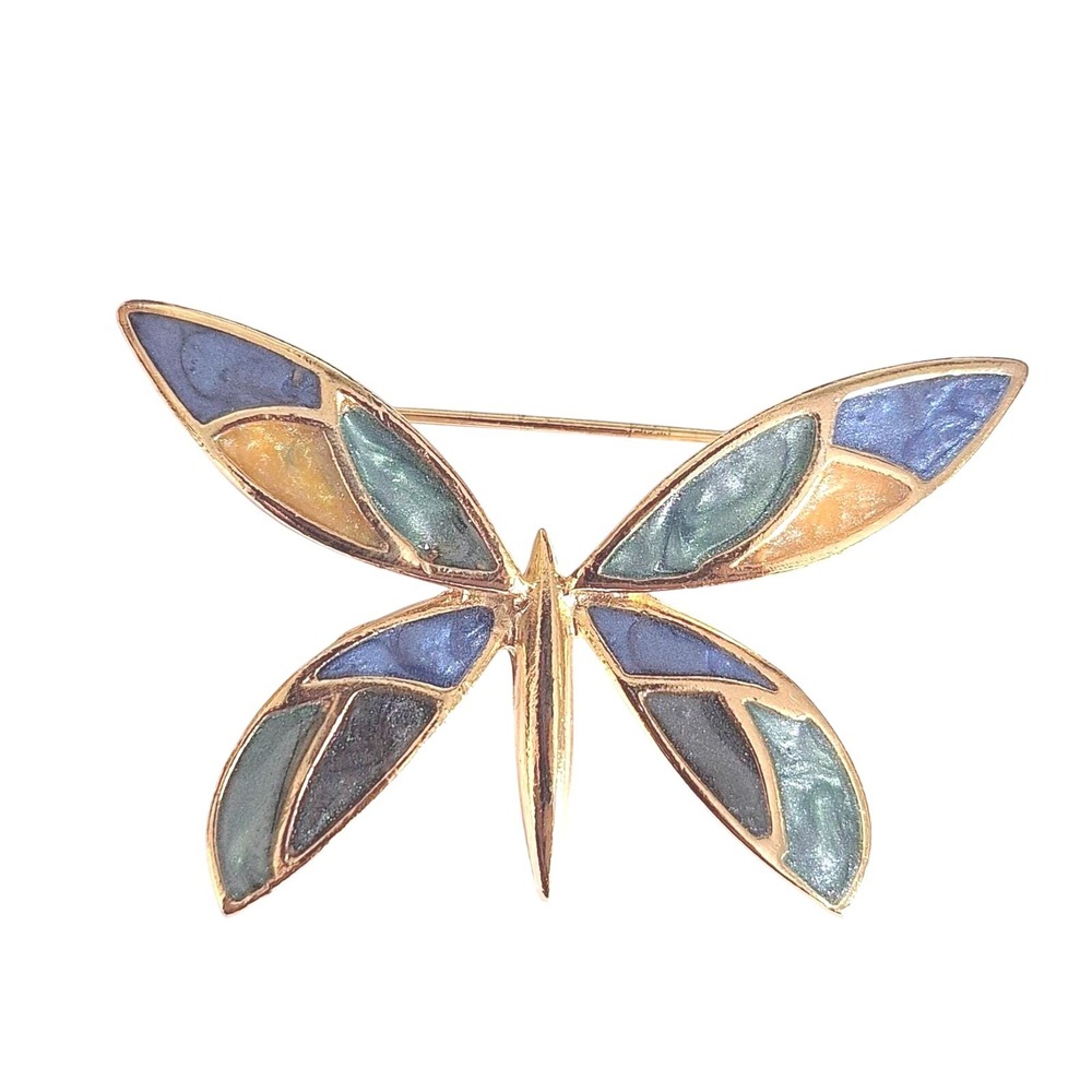 Vintage Gold Tone Butterfly Brooch Blue Green Amber Enamel Stained Glass Pin